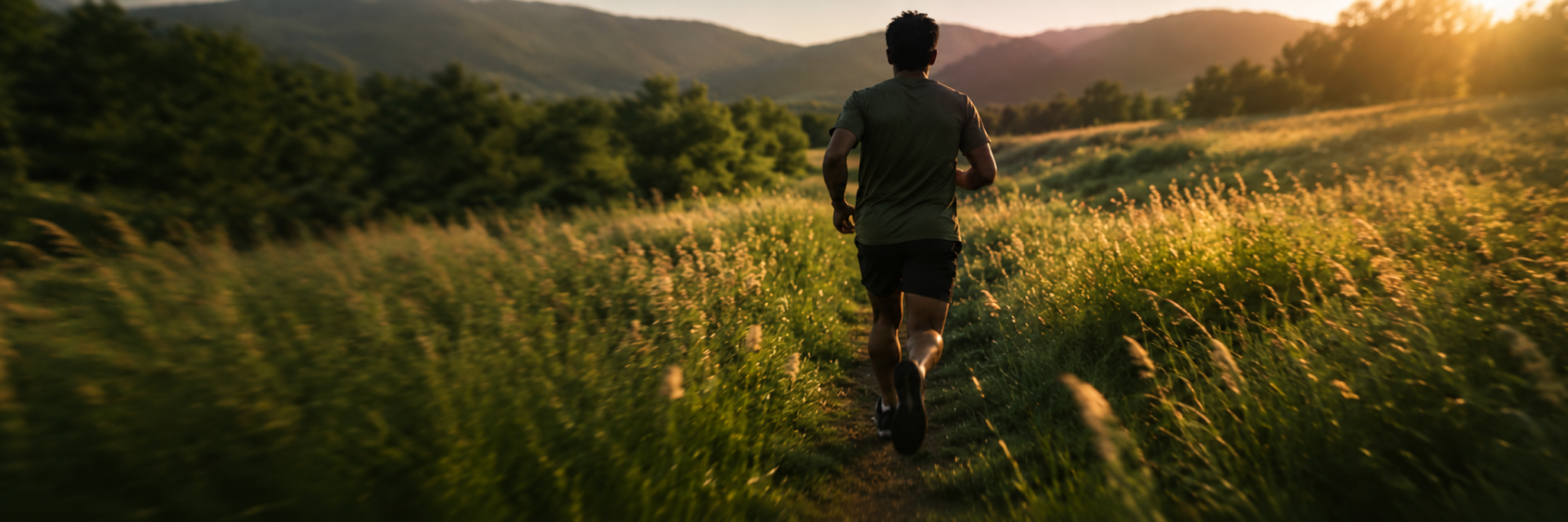 Person running through a grassy landscape